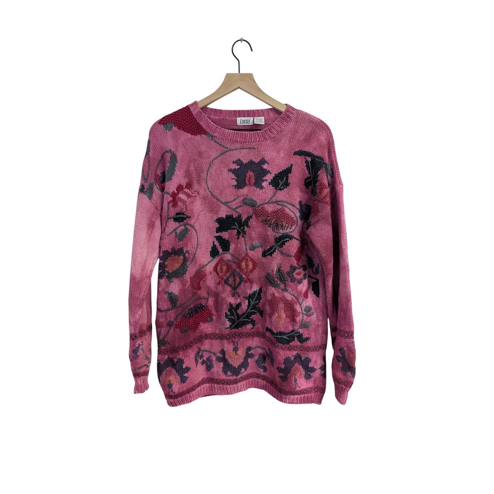 Vintage Lucia Embroidered Sweater Ramie Cotton Blend Heavy Knit Floral‎ Pink M